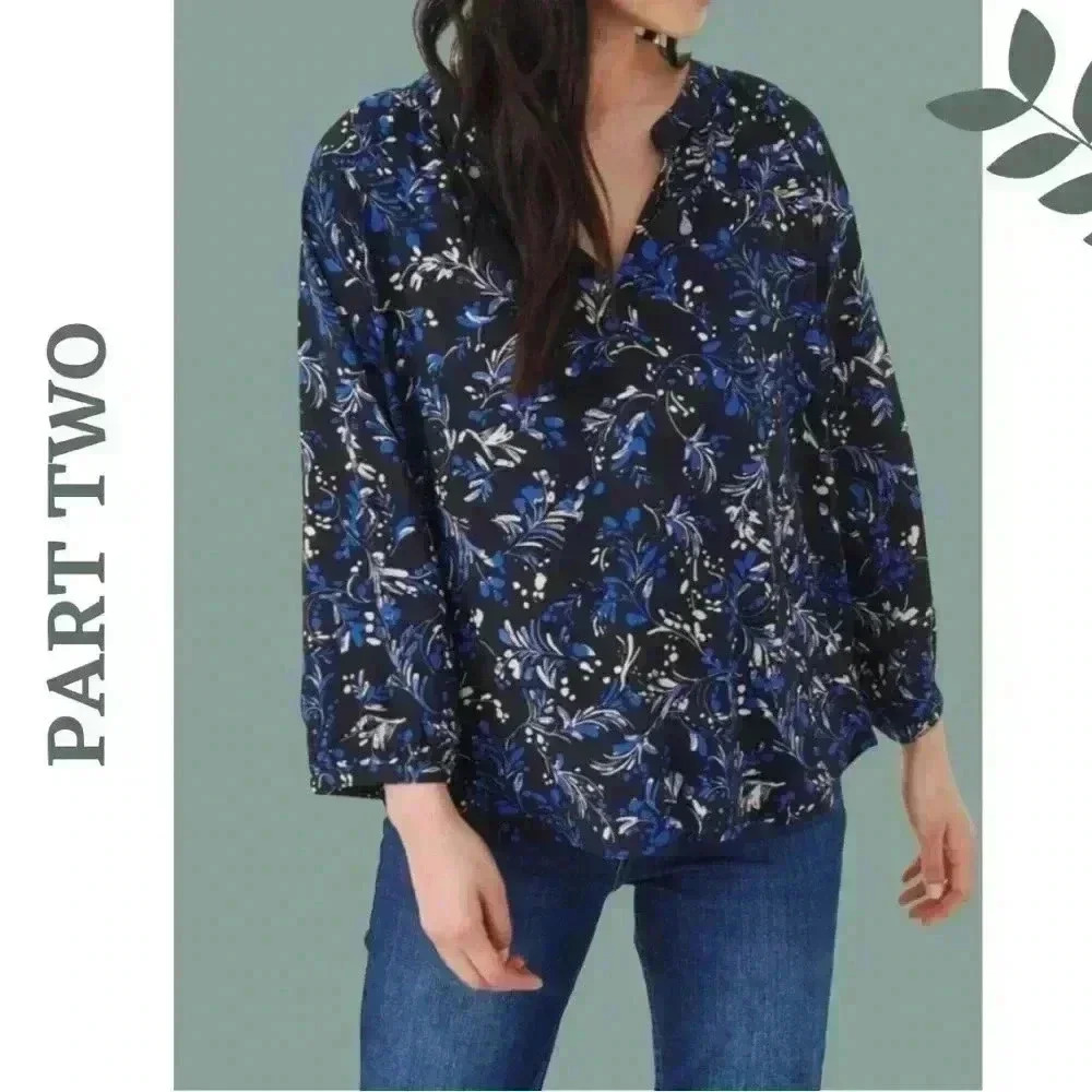 Part Two Milean Blouse Blue Black Long Sleeve Print Size 10